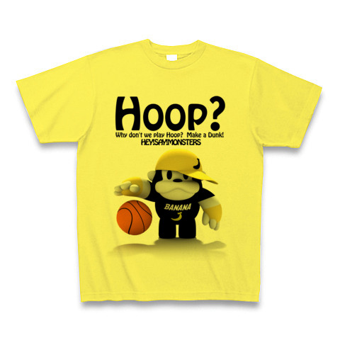 Hoop? バスケＴシャツ Tシャツ(イエロー):バスケの本場アメリカではバスケットボールのことを「フープ(hoop)」と呼びます。元々の意味は「（金属や木製の）輪」のこと。やっぱりバスケは気軽に気軽に楽しまなきゃね。カワイイおサルのイラストが入ったストリート系バスケＴシャツ。このＴシャツでダンクを決めてやれ！
 by 平成モンスターズ　HEY!SAY!MONSTERS:ブログにかわいい節電イラスト無料素材あります。ＰＣ壁紙、節電ポスターに！