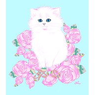 バラの花と白い猫（背景ブルー）