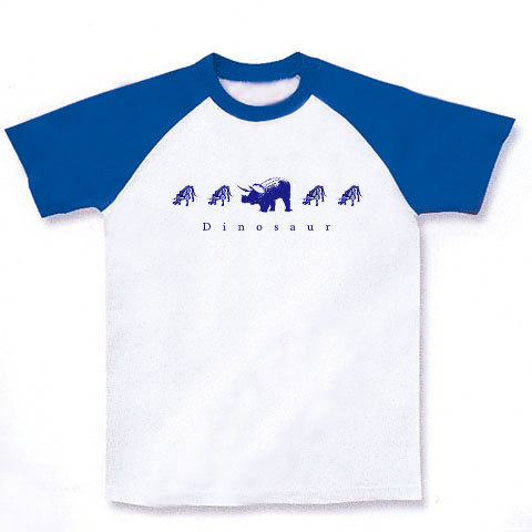 トリケラトプス2｜ラグランTシャツ｜ホワイト×ロイヤルブルー
