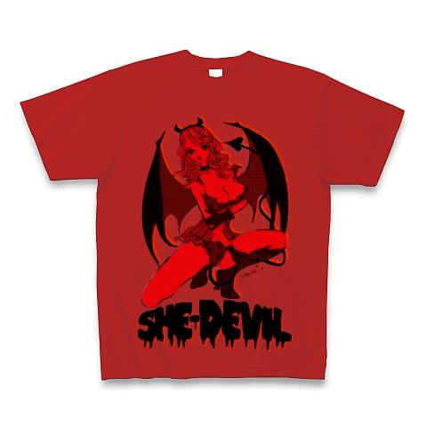 商品詳細『SHE-DEVIL 赤い小悪魔ガール エロカワ ピンナップ｜Tシャツ Pure Color Print｜レッド』デザインTシャツ通販