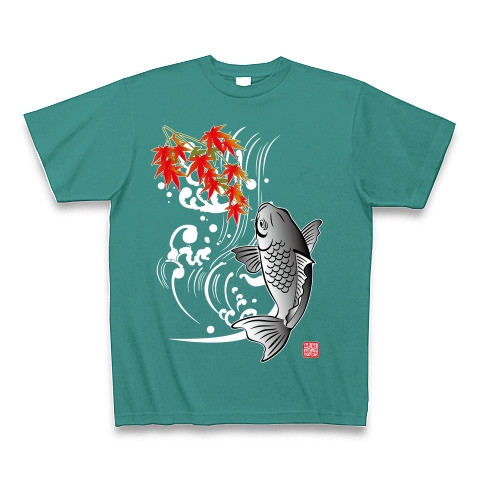 商品詳細 和風柄 鯉の滝登り秋 白 Tシャツ Pure Color Print ピーコックグリーン デザインtシャツ通販clubt