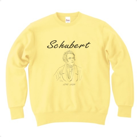 商品詳細 フランツ シューベルト Franz Schubert かわいいスケッチ Tシャツデザイン Zipangu49er クラシックの音楽肖像画の巨匠シリーズ 魔王 野ばら ピアノ トレーナー ライトイエロー デザインtシャツ通販clubt