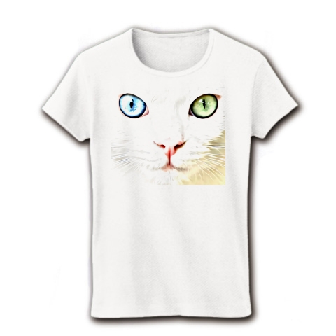 オッドアイの白猫(ネコ)｜レディースTシャツ｜ホワイト
