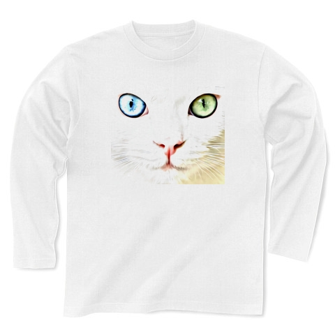 オッドアイの白猫(ネコ)｜長袖Tシャツ｜ホワイト