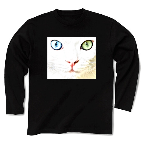 オッドアイの白猫(ネコ)｜長袖Tシャツ Pure Color Print｜ブラック