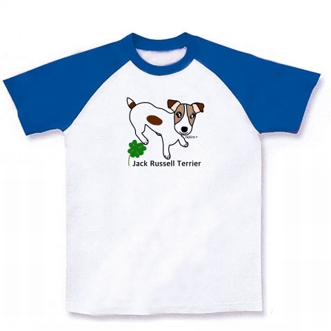 商品詳細 ジャックラッセルテリア犬と幸せクローバー ラグランtシャツ ホワイト ロイヤルブルー デザインtシャツ通販clubt